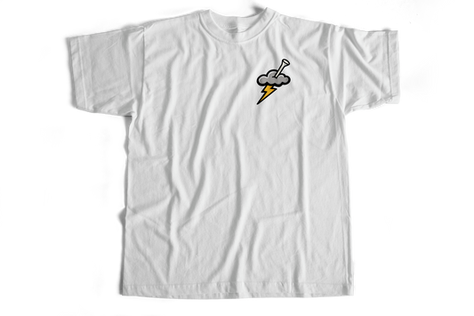 White t-shirt with a graphic design on a white background
