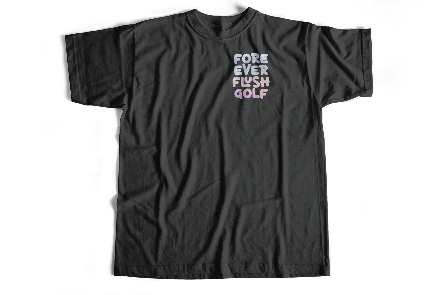 Black t-shirt with colorful text on a white background