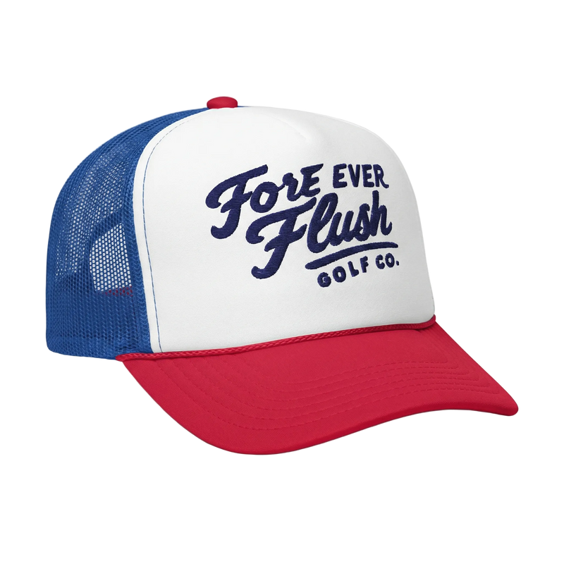 Trucker hat with 'Fore Ever Flush Golf Co.' text on a white background