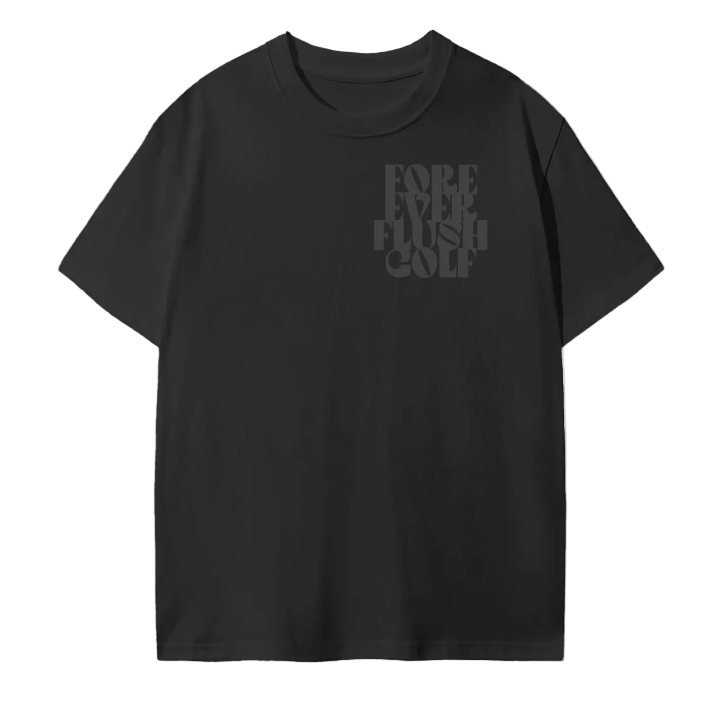 Black graphic t-shirt with a skull holding a golf club and the text 'SLOW PLAY IS A SIN FORE EVER FLUSH' printed on the front.