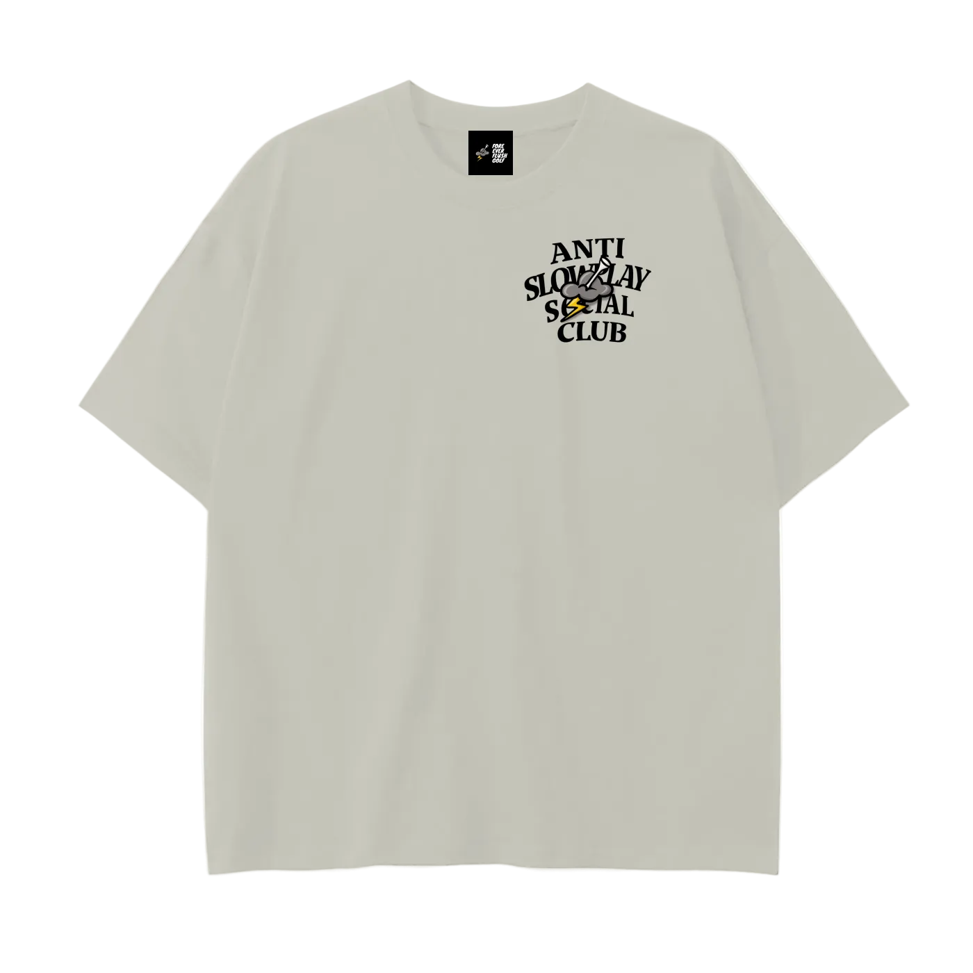 Beige t-shirt with 'Anti Slow Day Social Club' text and graphic on a white background