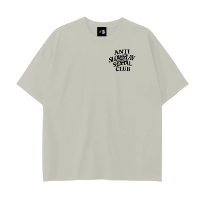 Beige t-shirt with 'Anti Slow Day Social Club' text and graphic on a white background