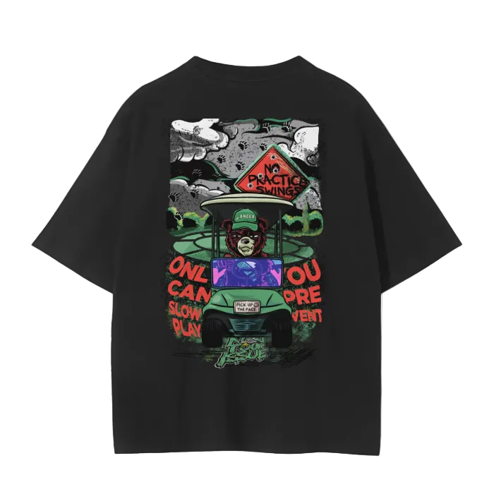 Black t-shirt with colorful graphic design on the back, featuring a bear and text, on a white background.