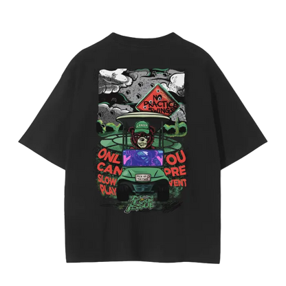 Black t-shirt with colorful graphic design on the back, featuring a bear and text, on a white background.