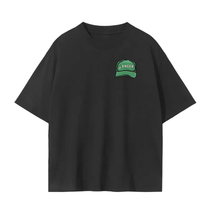 White crew neck t-shirt with a graphic print of a cartoonish ranger with a hat, surrounded by abstract designs and text that reads 'only you can prevent slow play" The t-shirt displays a relaxed fit design with a drop shoulder.