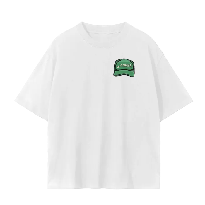 White crew neck t-shirt with a graphic print of a cartoonish ranger with a hat, surrounded by abstract designs and text that reads 'only you can prevent slow play'. The t-shirt displays a relaxed fit design with a drop shoulder.