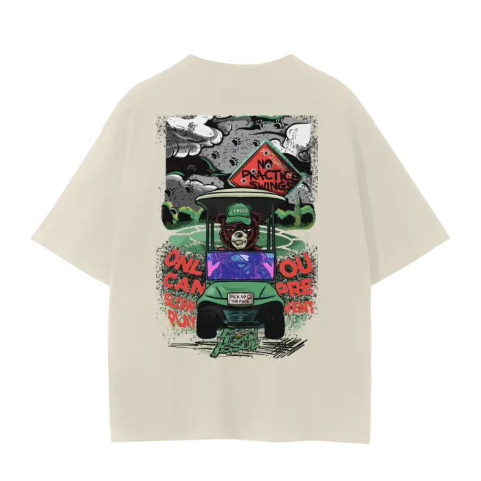 Beige t-shirt with a colorful graphic of a bear in a car on the back, on a white background.