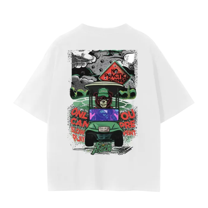 White crew neck t-shirt with a graphic print of a cartoonish ranger with a hat, surrounded by abstract designs and text that reads 'PRACTICE GOLF'. The t-shirt displays a relaxed fit design with a drop shoulder.