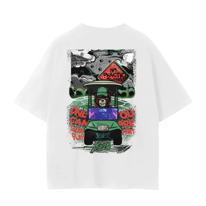 White crew neck t-shirt with a graphic print of a cartoonish ranger with a hat, surrounded by abstract designs and text that reads 'PRACTICE GOLF'. The t-shirt displays a relaxed fit design with a drop shoulder.
