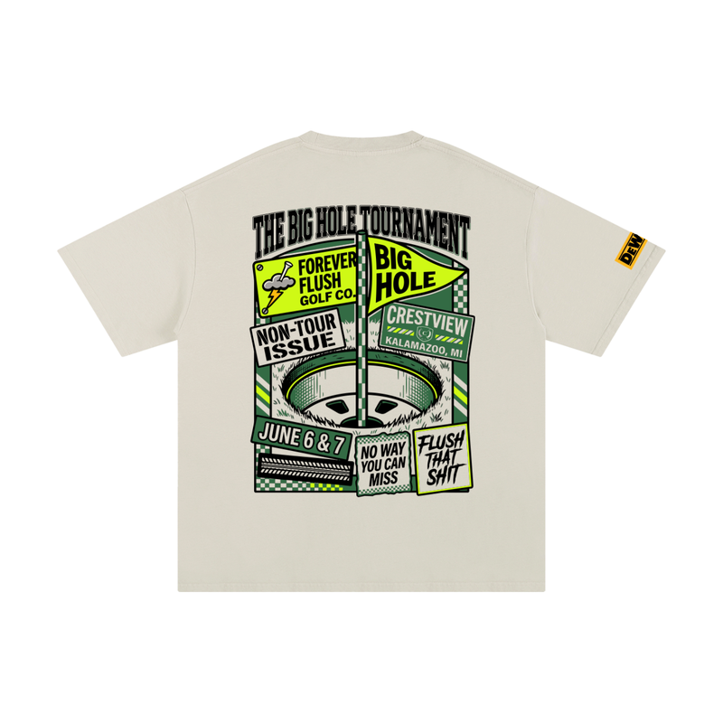 Beige t-shirt with graphic design on a white background