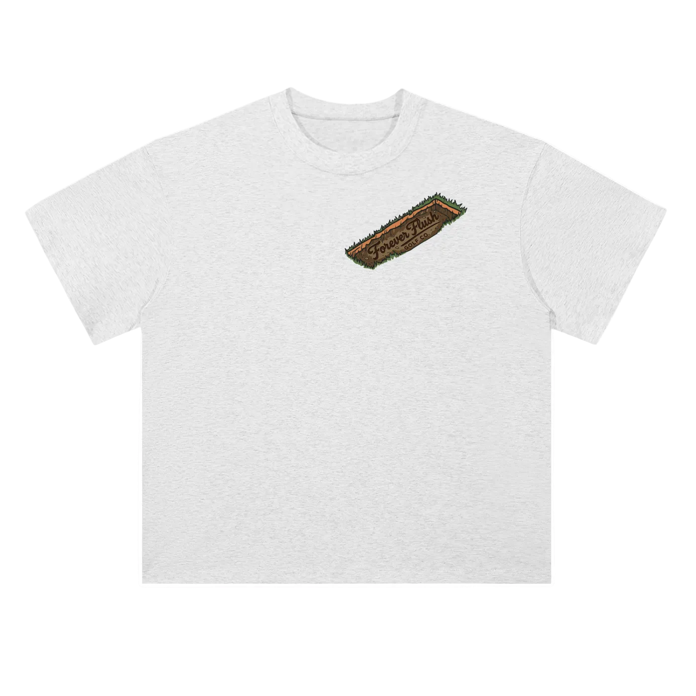 White t-shirt with a brown divot logo on a white background