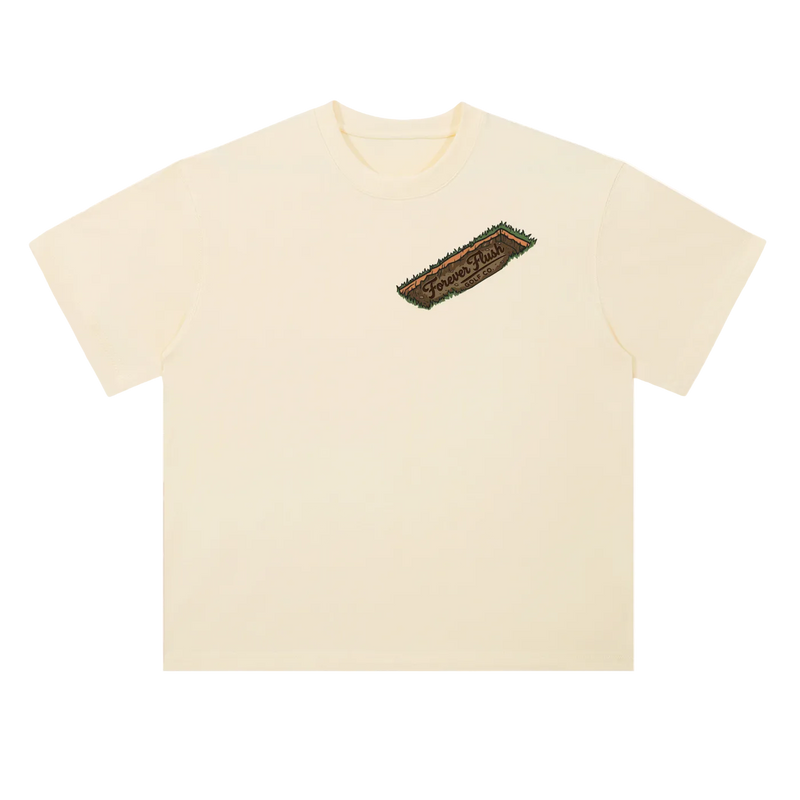 Beige t-shirt with a logo on the chest against a white background