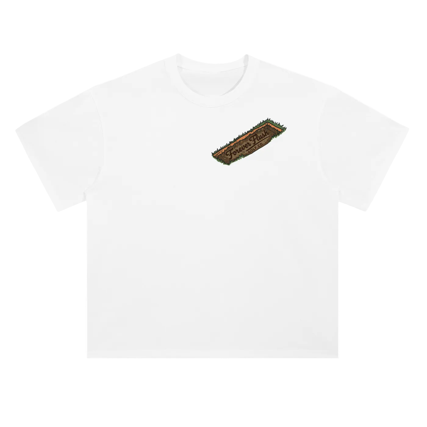 White t-shirt with a brown logo on a white background