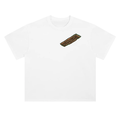 White t-shirt with a brown logo on a white background