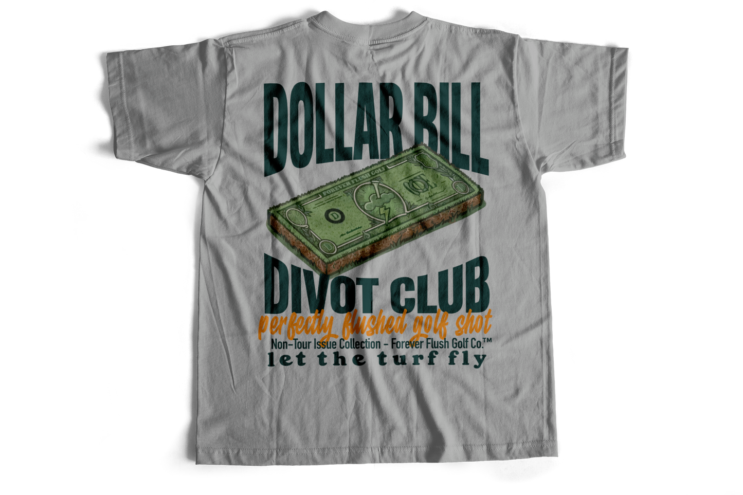 Gray t-shirt with Dollar Bill Divot Club graphic on a white background