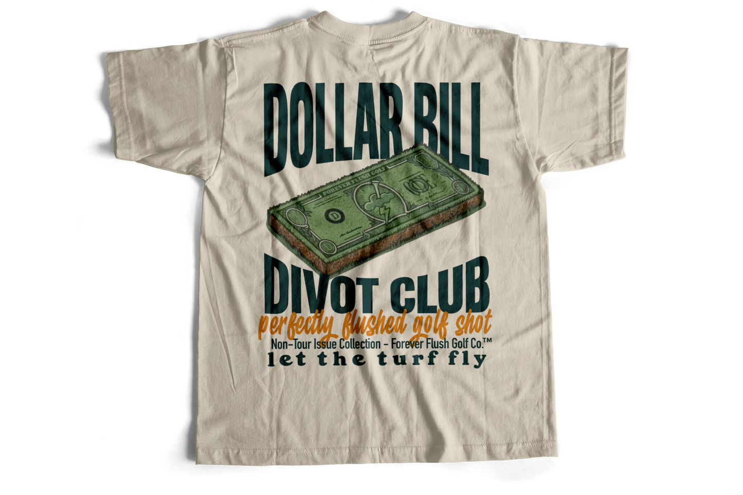 Beige t-shirt with graphic design and text on a white background