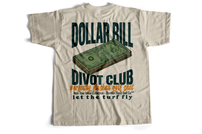 Beige t-shirt with graphic design and text on a white background