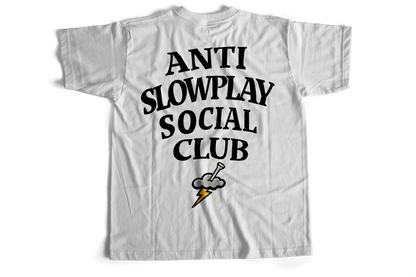 White t-shirt with 'Anti Slowplay Social Club' text and logo on a white background
