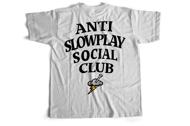 White t-shirt with 'Anti Slowplay Social Club' text and logo on a white background