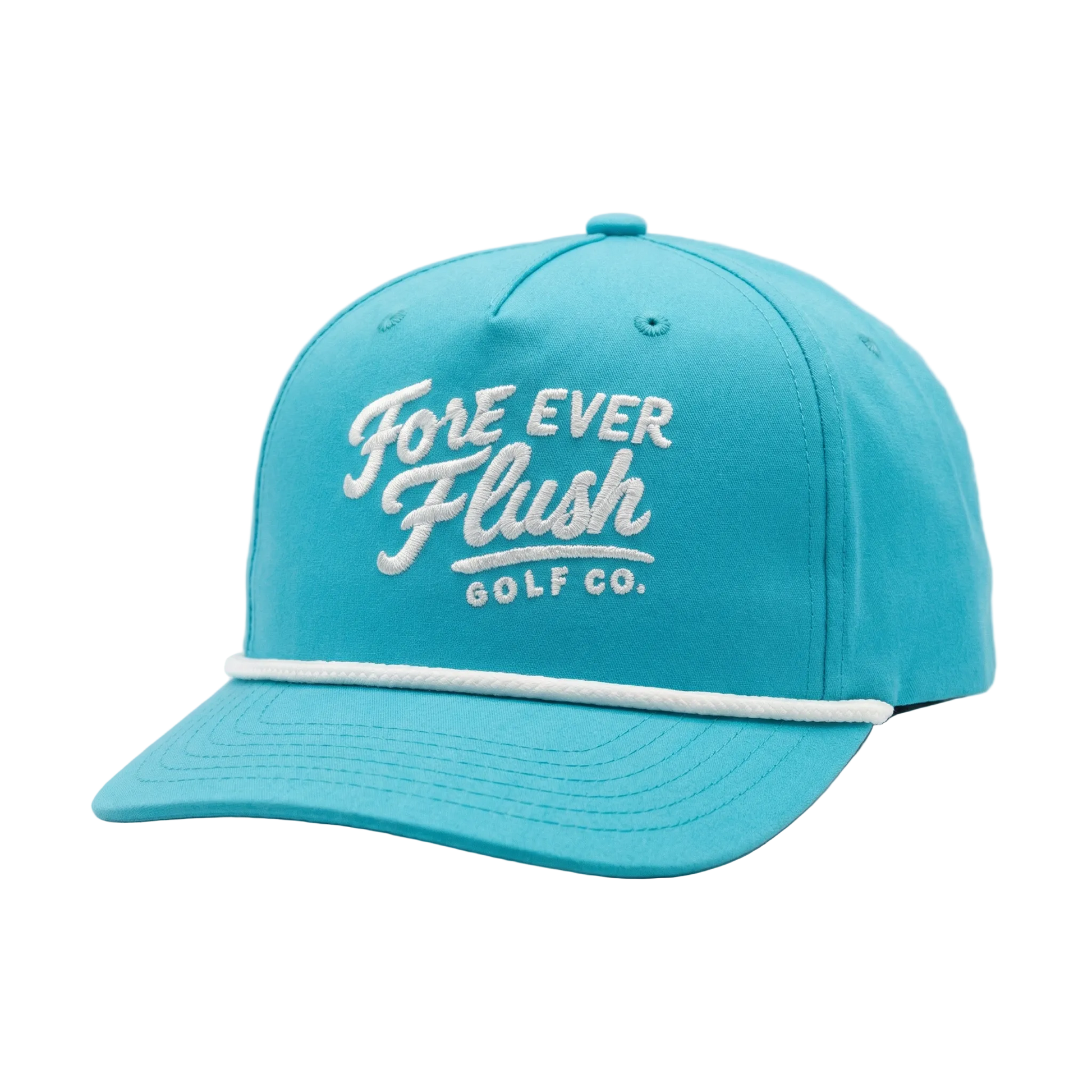 Blue cap with 'Fore Ever Flush Golf Co.' text on a light gray background