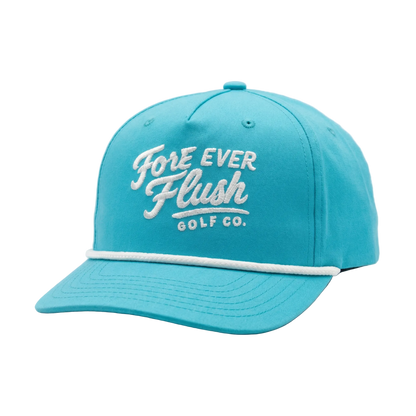 Blue cap with 'Fore Ever Flush Golf Co.' text on a light gray background