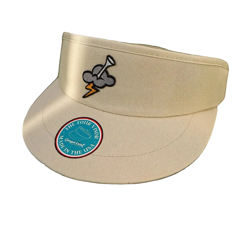 Beige visor with embroidered design on a white background
