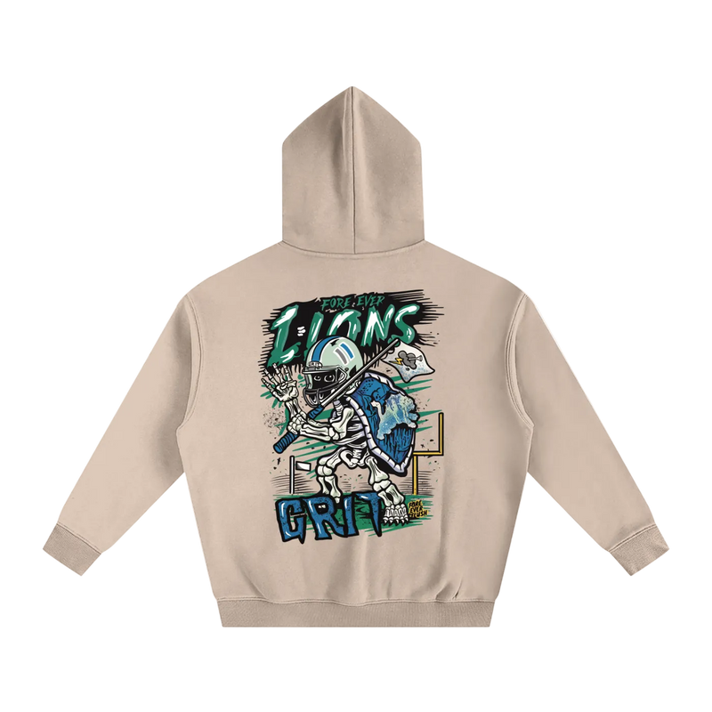 Beige hoodie with colorful graphic design on the back on a white background