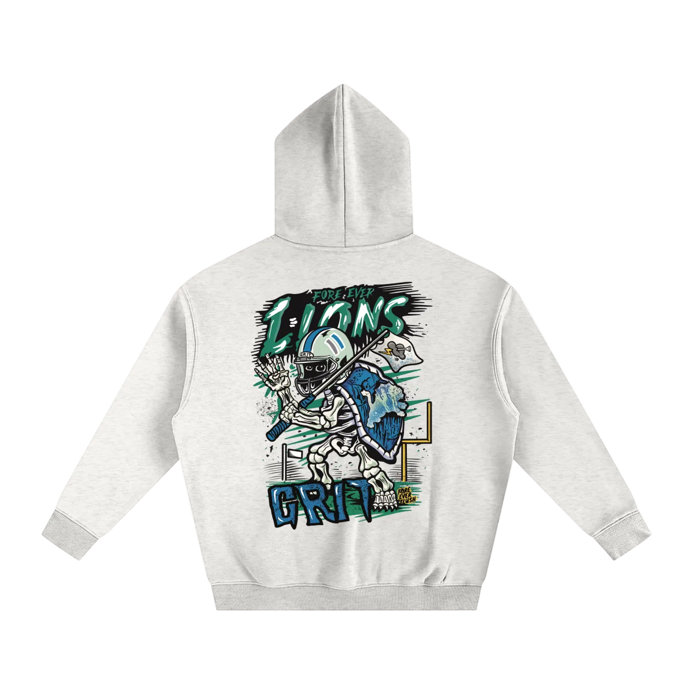 White hoodie with graphic design on the back against a white background