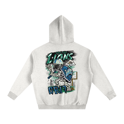 White hoodie with graphic design on the back against a white background