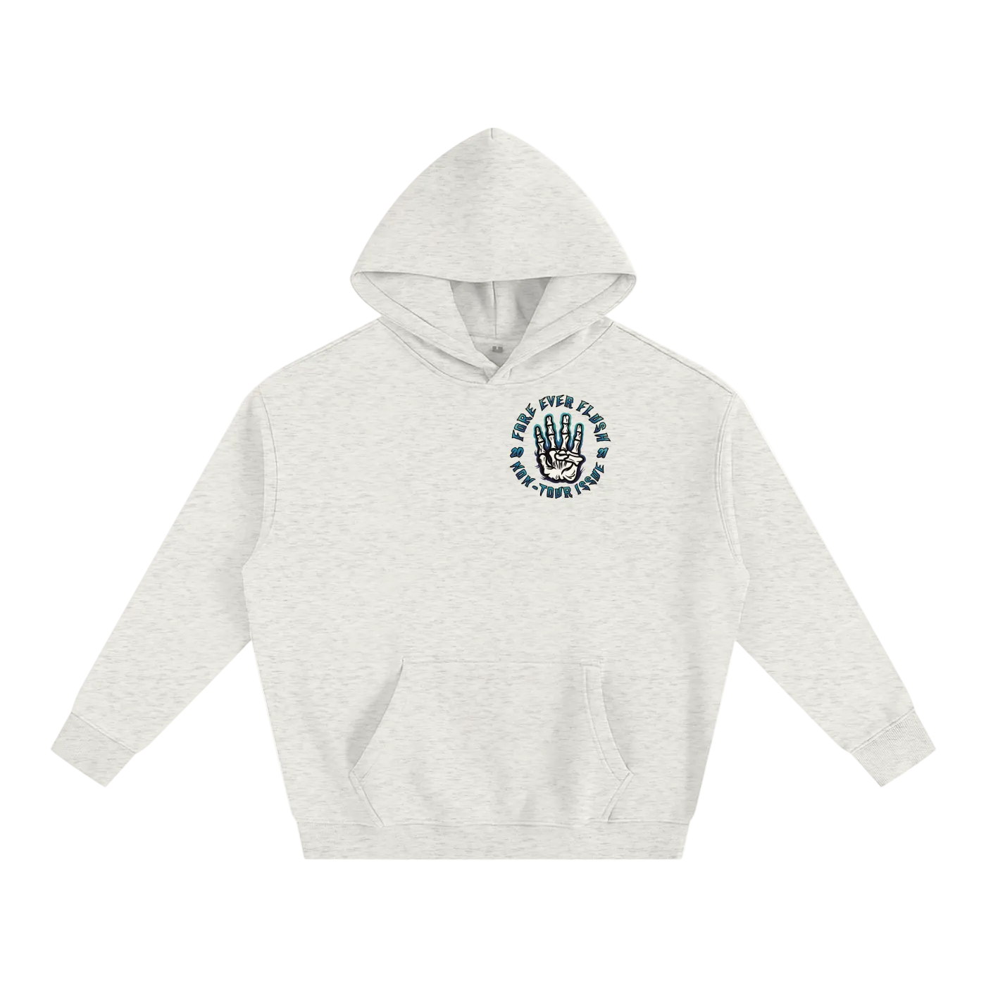 A gray hoodie with a logo on the front chest area.