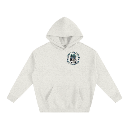 A gray hoodie with a logo on the front chest area.