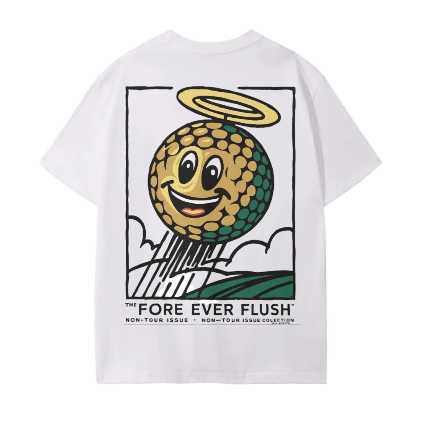 A white t-shirt with a graphic print of a smiling golf ball with wings, surrounded by green and blue colors, and text that reads 'THE FORE EVER FLUSH'.