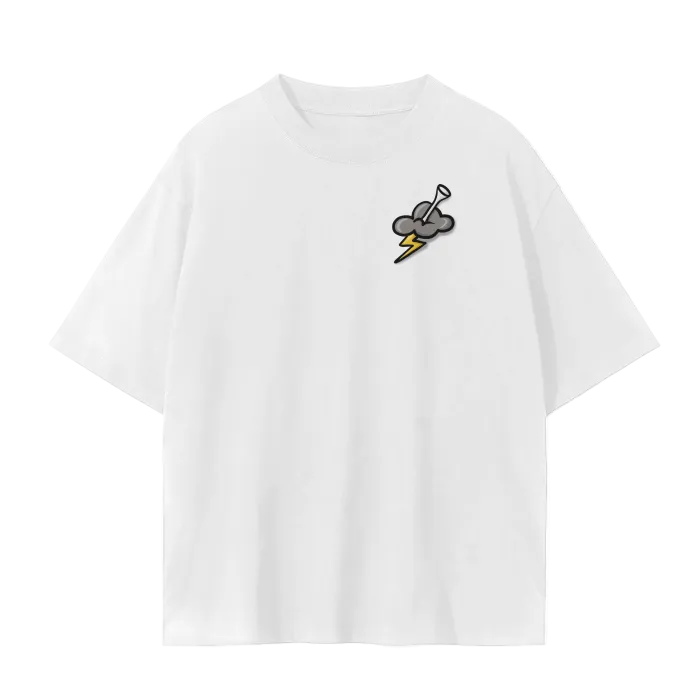 A white crew-neck t-shirt with a graphic logo of a golf tee and lightning bolt on the front.