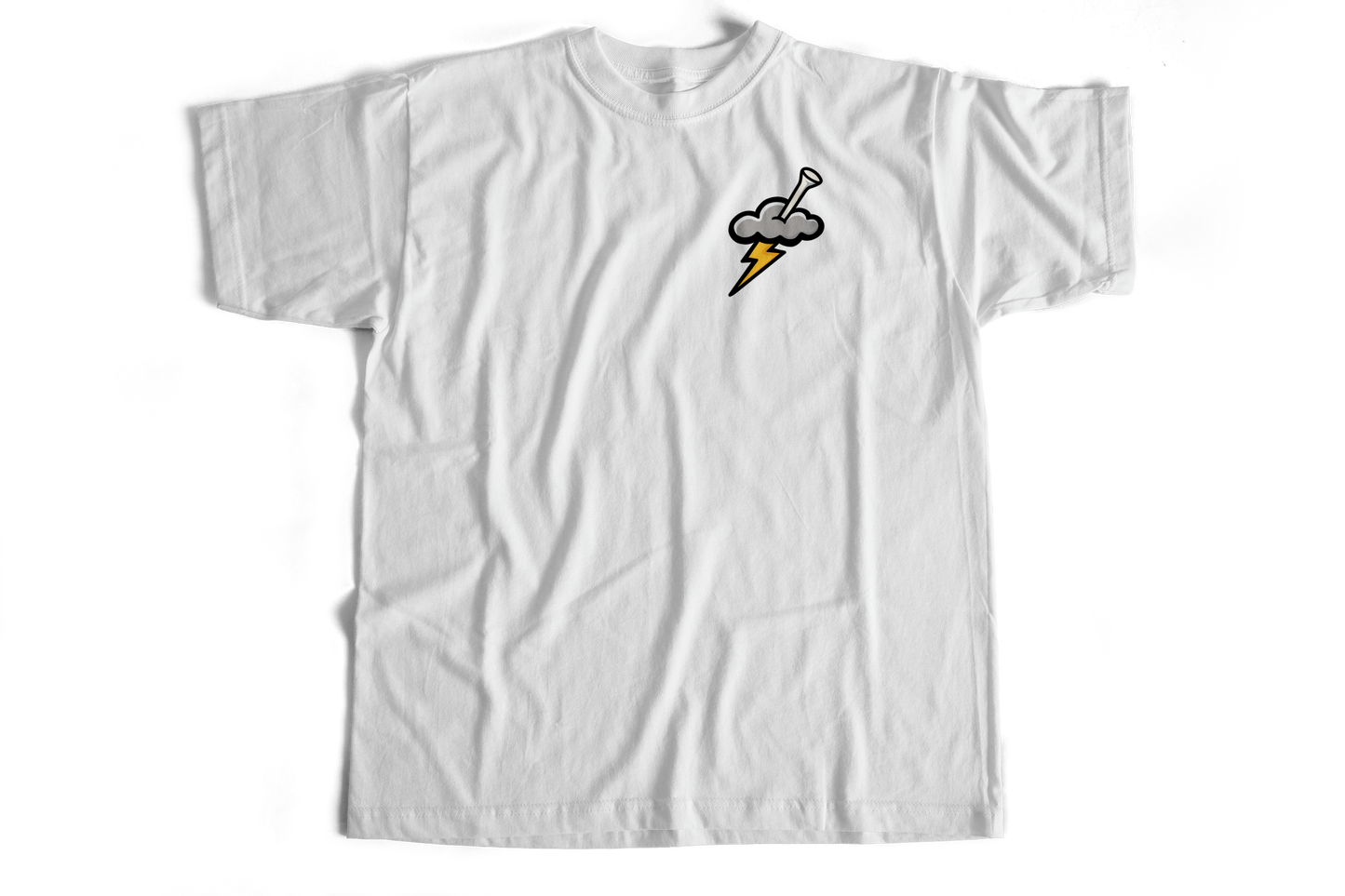 White t-shirt with a graphic design on a white background