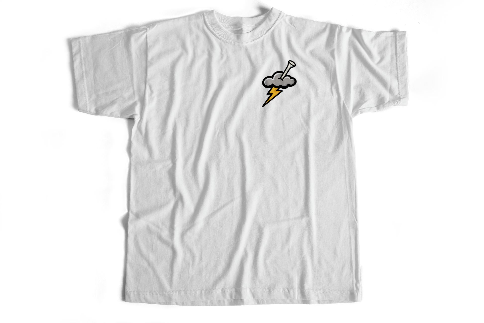 White t-shirt with a graphic design on a white background