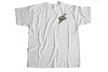 White t-shirt with a graphic design on a white background