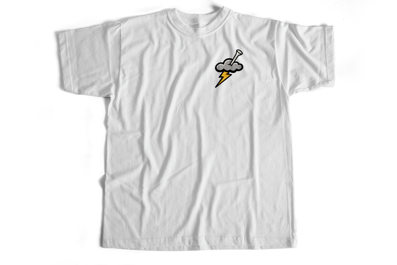 White t-shirt with a graphic design on a white background