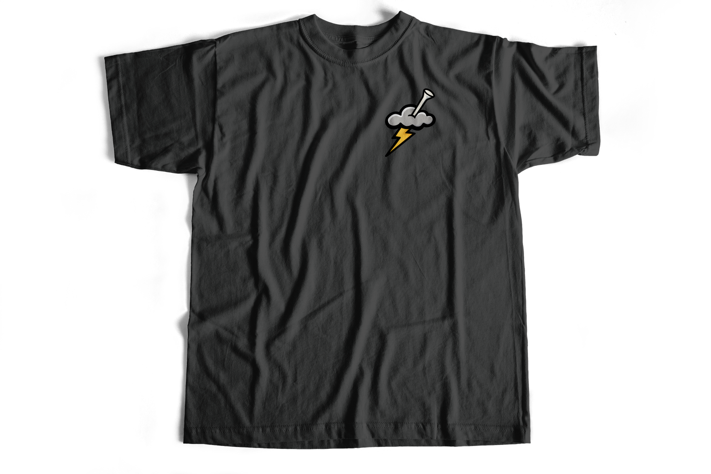 Black t-shirt with a graphic design on a white background