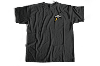 Black t-shirt with a graphic design on a white background