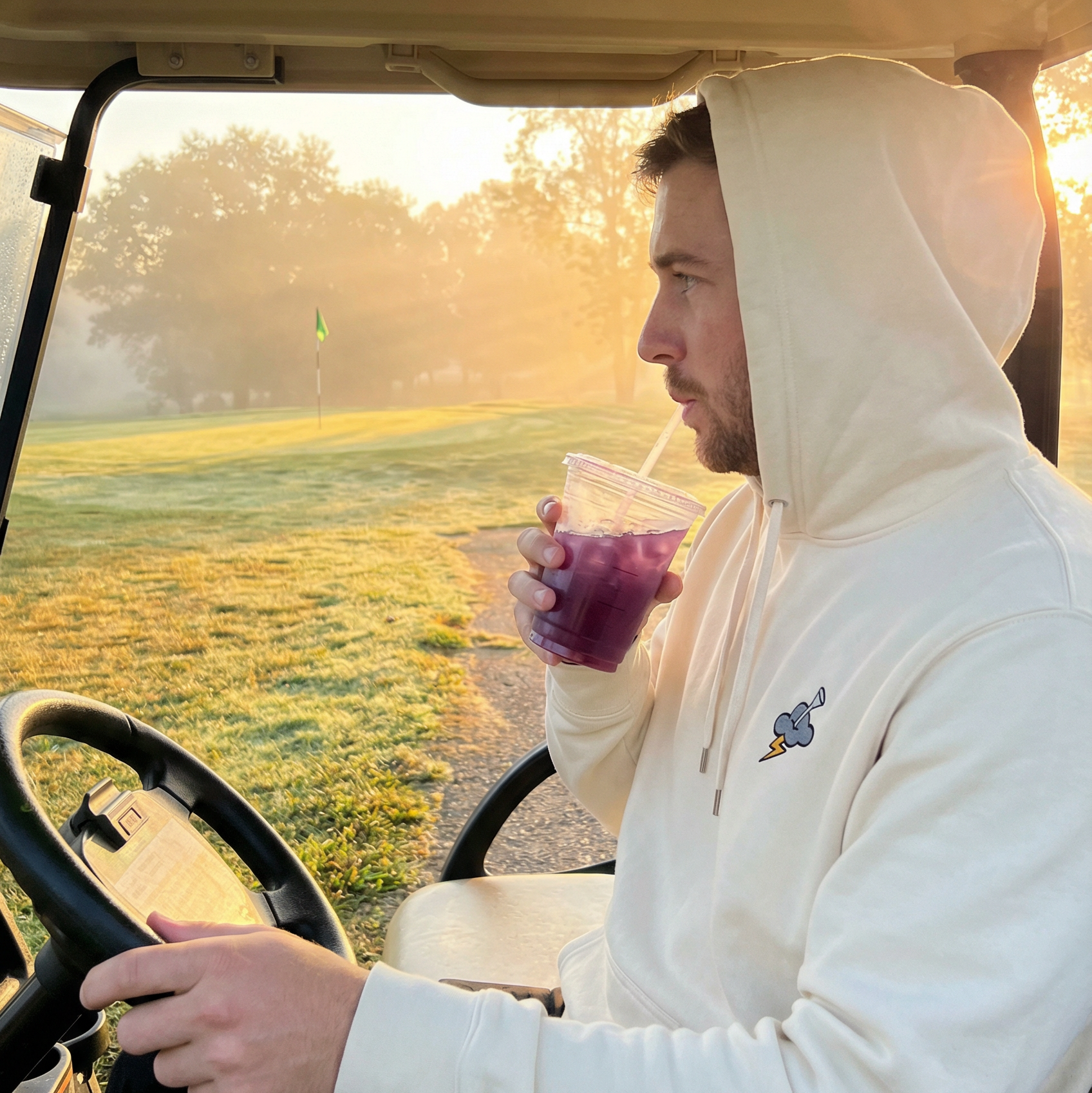 Man in a white hoodie sitting in a golf cart holding a drink on a golf course.