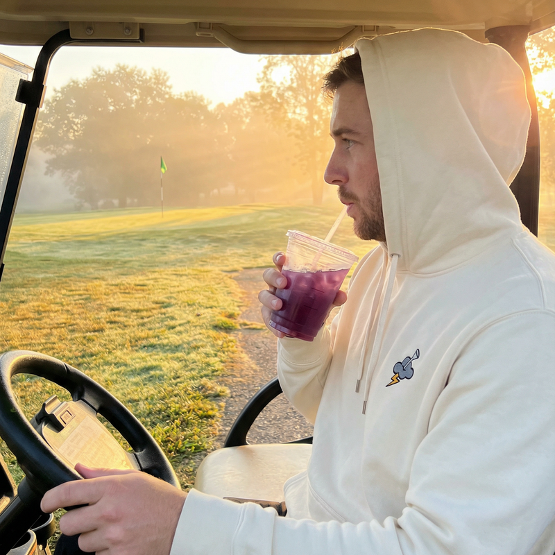 Man in a white hoodie sitting in a golf cart holding a drink on a golf course.