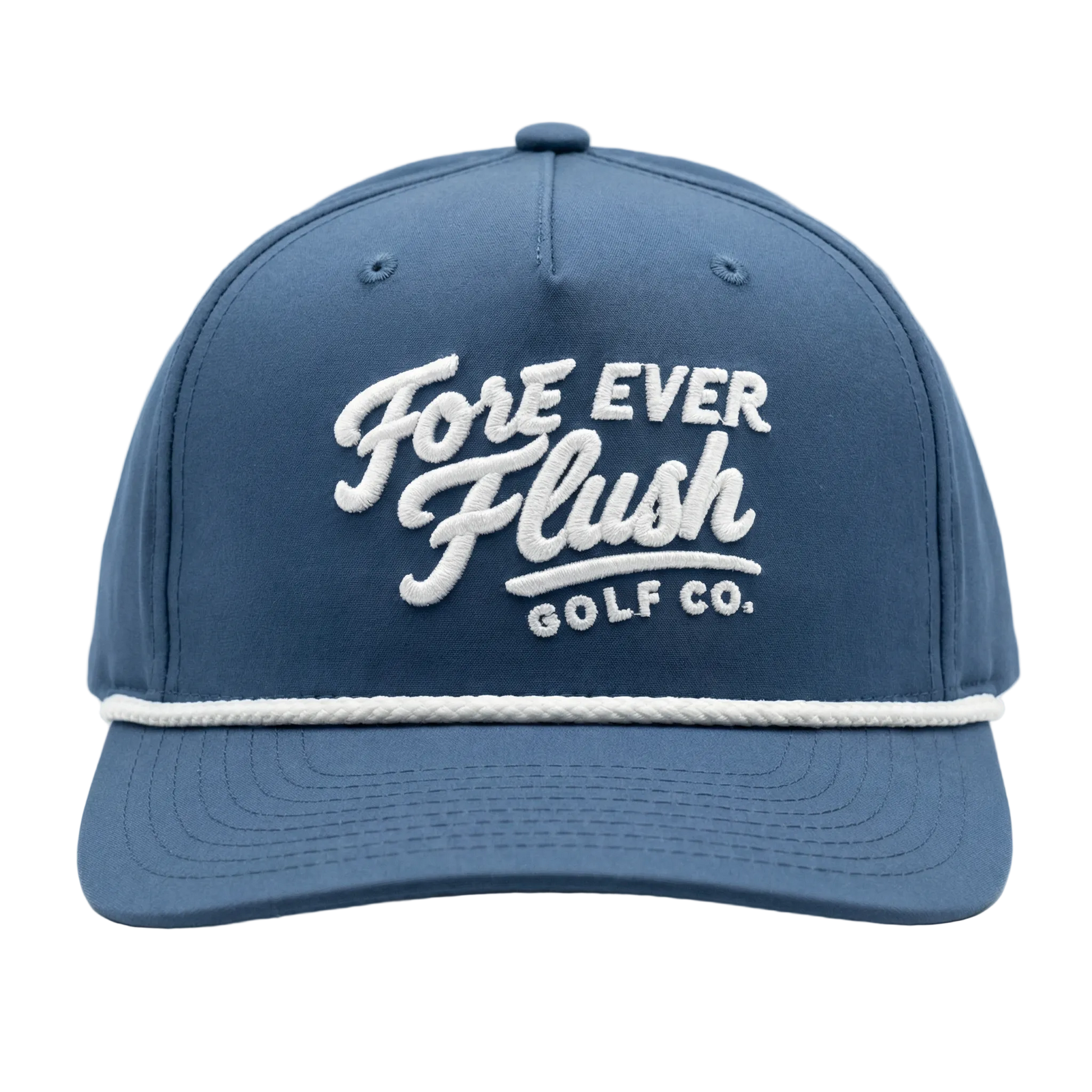 Blue cap with 'Fore Ever Flush Golf Co.' text on a white background