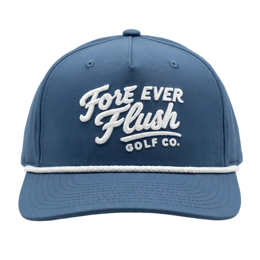 Blue cap with 'Fore Ever Flush Golf Co.' text on a white background
