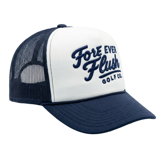Navy and white cap with 'Fore Ever Flush Golf Co.' text on a light gray background