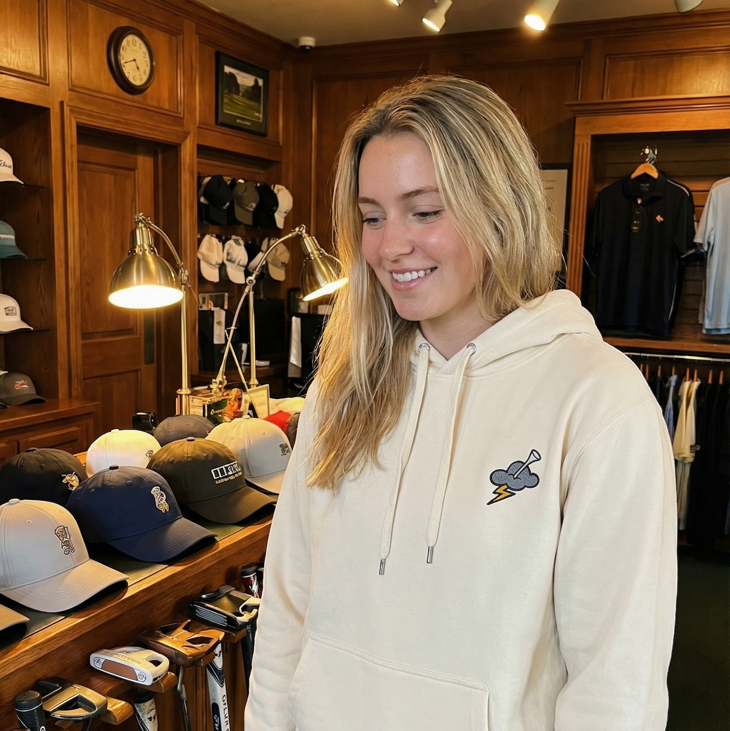 Woman wearing a cream hoodie with a logo in a store setting