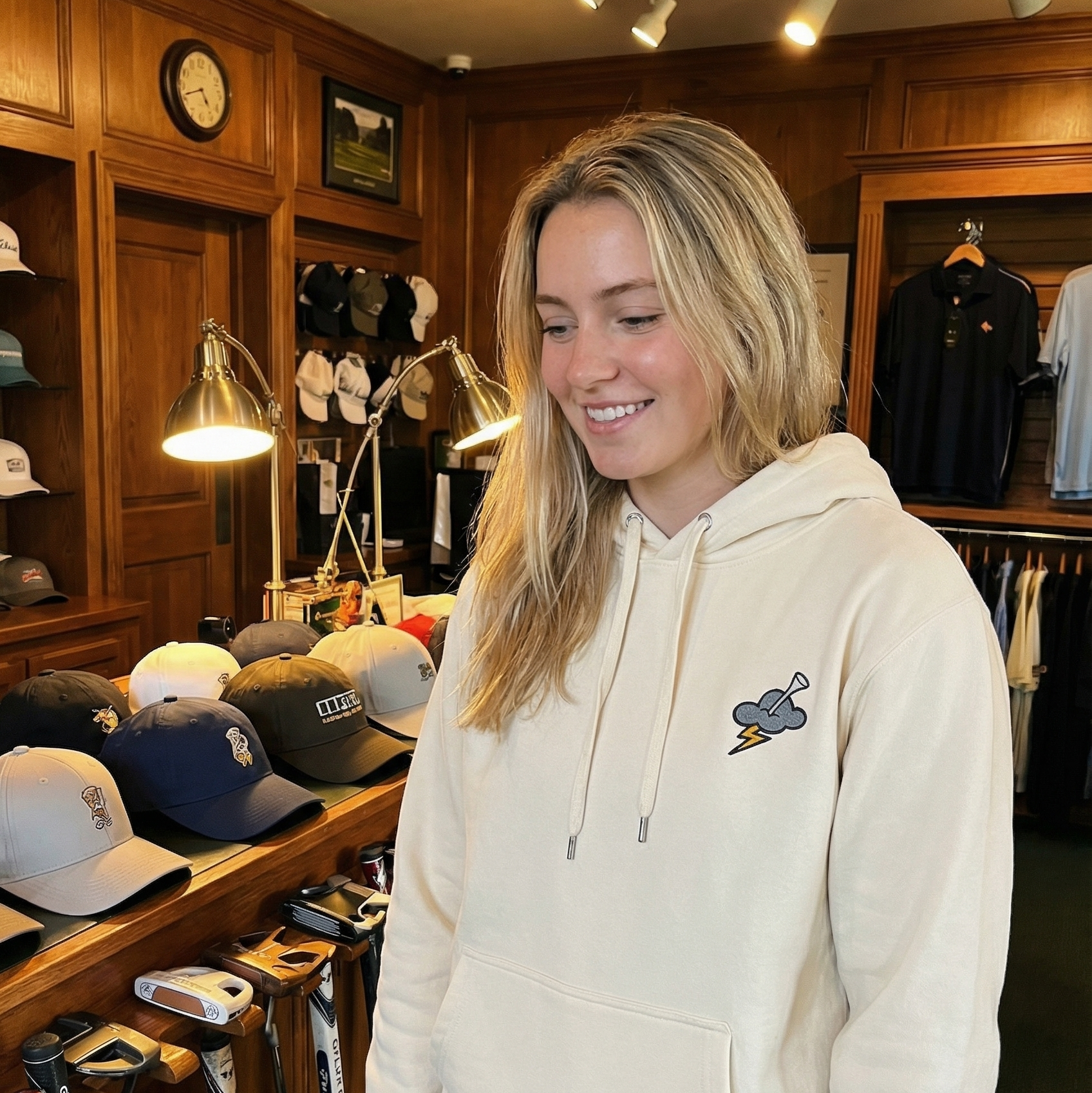 Woman wearing a cream hoodie with a logo in a store setting