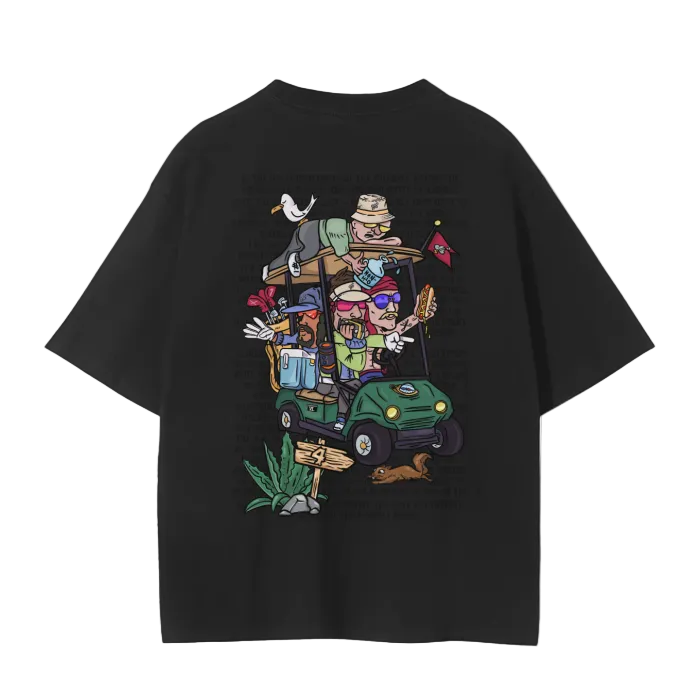 crew neck t-shirt with a graphic print of a pirate foursome playing a game of golf, and the text putt pirates below it.