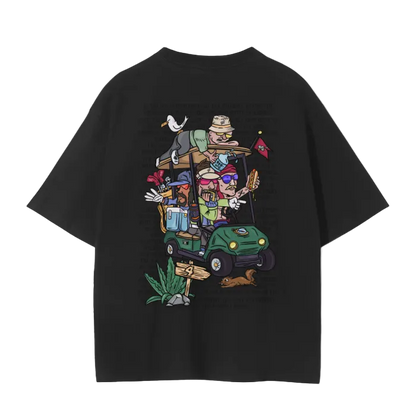 crew neck t-shirt with a graphic print of a pirate foursome playing a game of golf, and the text putt pirates below it.