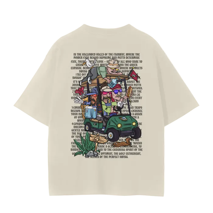  A white crew neck t-shirt with a graphic print of a pirate foursome playing a game of golf, and the text putt pirates below it.