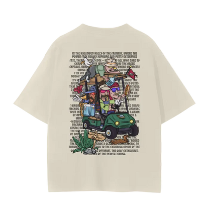  A white crew neck t-shirt with a graphic print of a pirate foursome playing a game of golf, and the text putt pirates below it.
